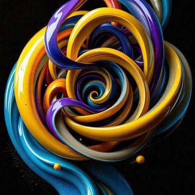 The primary subject of the image is a colorful, swirling, and spiraling pattern made up of various colors, including blue, yellow, and purple. The pattern is displayed on a black background, creating a striking contrast. The visual style of the image is a combination of digital art and illustration, showcasing the artist's creativity and skill in designing intricate patterns. The colors and mood of the image are vibrant and lively, evoking a sense of energy and movement.